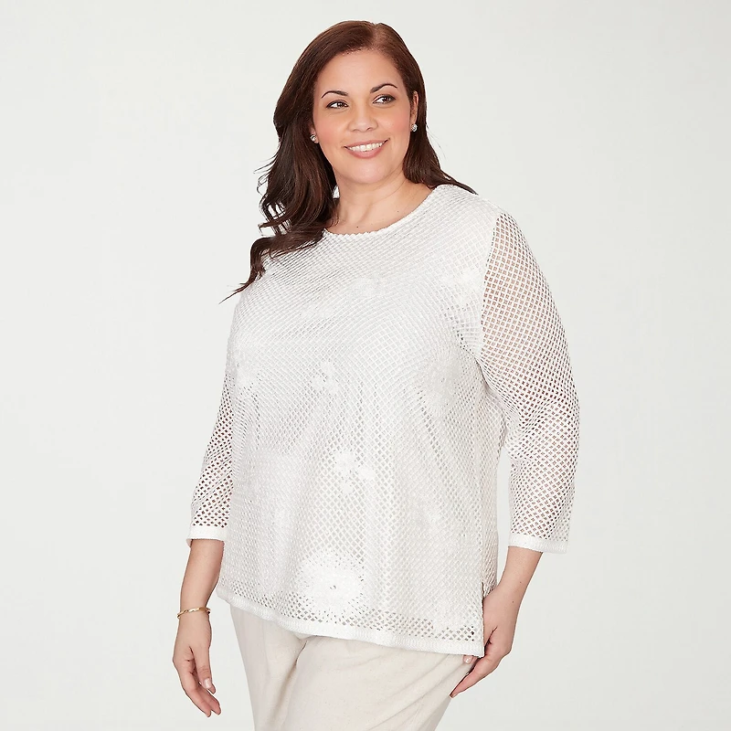 Alfred Dunner Natural Wonder Womens Plus Crew Neck 3/4 Sleeve T-Shirt