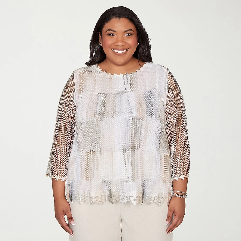 Alfred Dunner Natural Wonder Womens Plus Round Neck 3/4 Sleeve T-Shirt