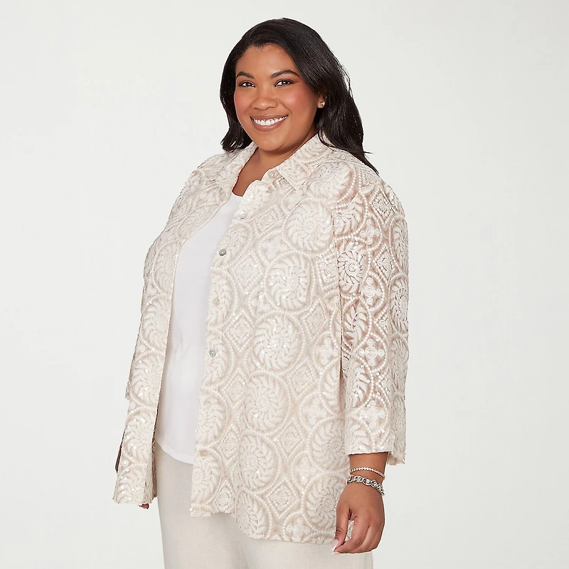 Alfred Dunner Natural Wonder Womens Plus 3/4 Sleeve Layered Top