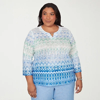 Alfred Dunner Caribbean Blues Womens Plus Split Crew Neck 3/4 Sleeve T-Shirt