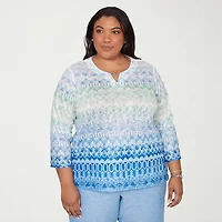 Alfred Dunner Caribbean Blues Womens Plus Split Crew Neck 3/4 Sleeve T-Shirt