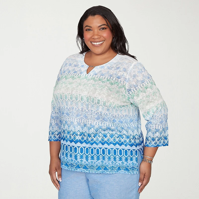 Alfred Dunner Caribbean Blues Womens Plus Split Crew Neck 3/4 Sleeve T-Shirt