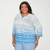 Alfred Dunner Caribbean Blues Womens Plus Split Crew Neck 3/4 Sleeve T-Shirt