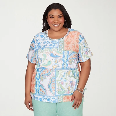 Alfred Dunner Caribbean Blues Womens Plus Crew Neck Short Sleeve T-Shirt