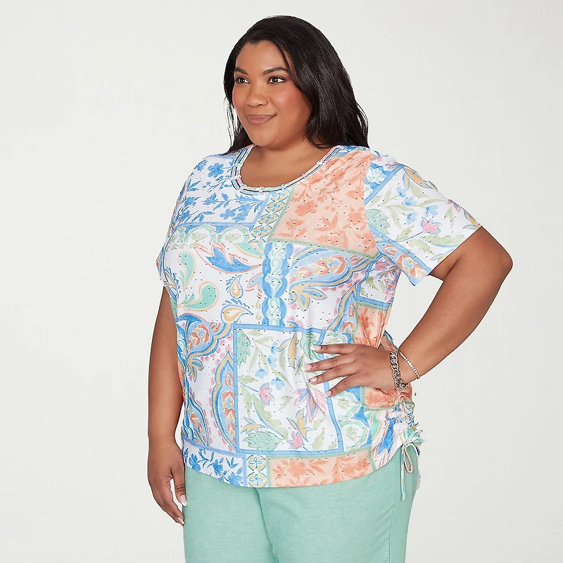 Alfred Dunner Caribbean Blues Womens Plus Crew Neck Short Sleeve T-Shirt
