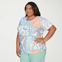 Alfred Dunner Caribbean Blues Womens Plus Crew Neck Short Sleeve T-Shirt