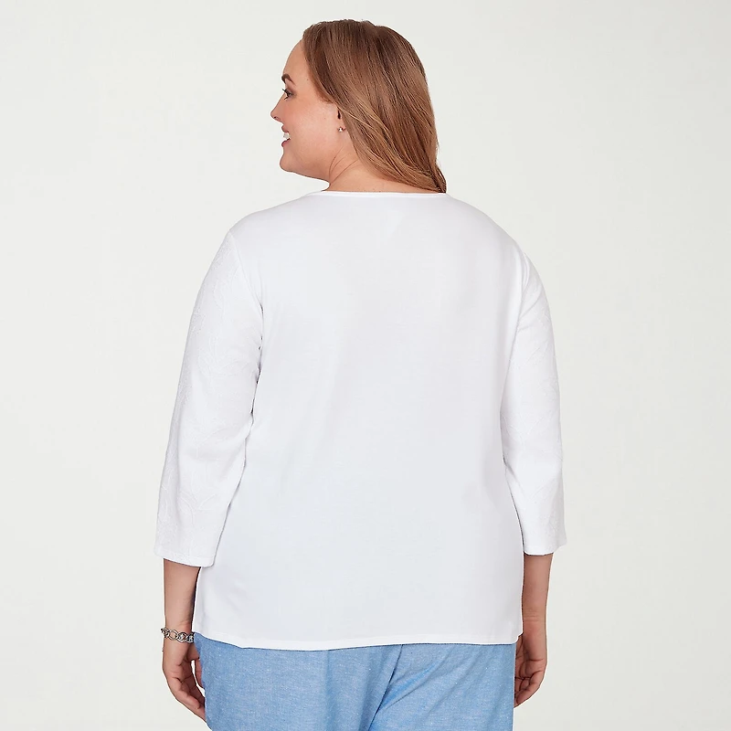 Alfred Dunner Caribbean Blues Womens Plus Crew Neck 3/4 Sleeve T-Shirt