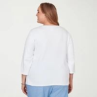 Alfred Dunner Caribbean Blues Womens Plus Crew Neck 3/4 Sleeve T-Shirt