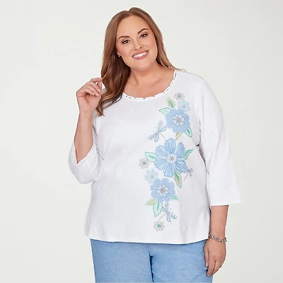 Alfred Dunner Caribbean Blues Womens Plus Crew Neck 3/4 Sleeve T-Shirt