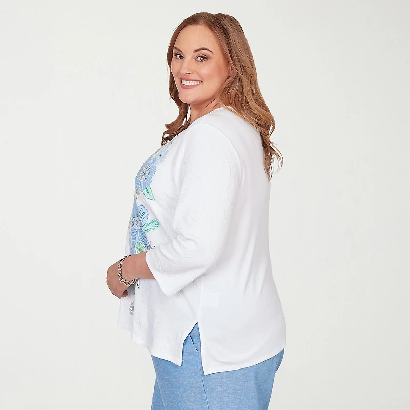 Alfred Dunner Caribbean Blues Womens Plus Crew Neck 3/4 Sleeve T-Shirt