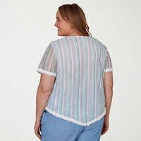 Alfred Dunner Caribbean Blues Womens Plus Crew Neck Short Sleeve T-Shirt