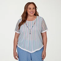 Alfred Dunner Caribbean Blues Womens Plus Crew Neck Short Sleeve T-Shirt