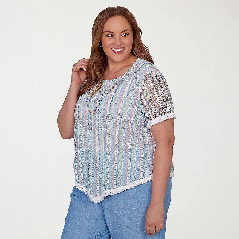 Alfred Dunner Caribbean Blues Womens Plus Crew Neck Short Sleeve T-Shirt