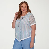 Alfred Dunner Caribbean Blues Womens Plus Crew Neck Short Sleeve T-Shirt