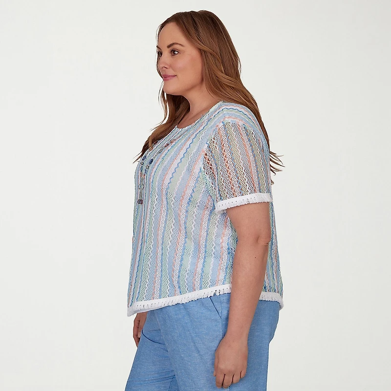 Alfred Dunner Caribbean Blues Womens Plus Crew Neck Short Sleeve T-Shirt