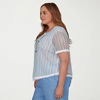 Alfred Dunner Caribbean Blues Womens Plus Crew Neck Short Sleeve T-Shirt