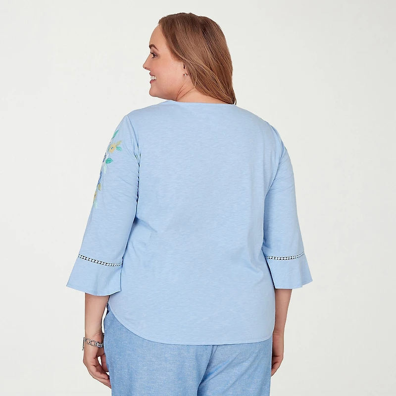 Alfred Dunner Caribbean Blues Womens Plus Keyhole Neck 3/4 Sleeve Regular Fit Embroidered Button-Down Shirt