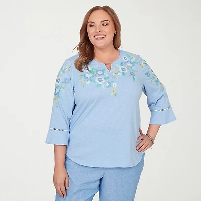Alfred Dunner Caribbean Blues Womens Plus Keyhole Neck 3/4 Sleeve Regular Fit Embroidered Button-Down Shirt