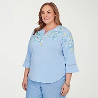 Alfred Dunner Caribbean Blues Womens Plus Keyhole Neck 3/4 Sleeve Regular Fit Embroidered Button-Down Shirt
