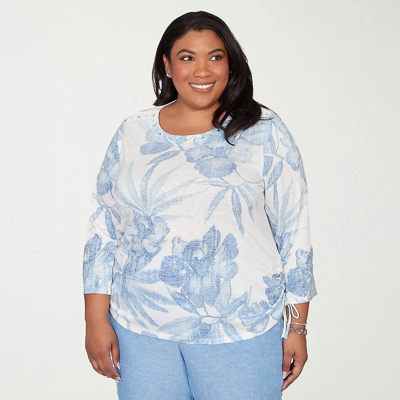 Alfred Dunner Caribbean Blues Womens Plus Round Neck 3/4 Sleeve T-Shirt