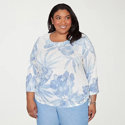 Alfred Dunner Caribbean Blues Womens Plus Round Neck 3/4 Sleeve T-Shirt