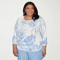 Alfred Dunner Caribbean Blues Womens Plus Round Neck 3/4 Sleeve T-Shirt