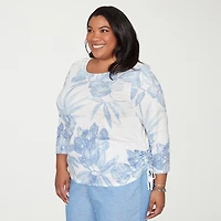 Alfred Dunner Caribbean Blues Womens Plus Round Neck 3/4 Sleeve T-Shirt