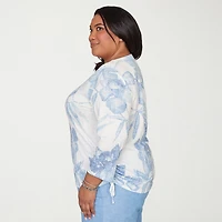 Alfred Dunner Caribbean Blues Womens Plus Round Neck 3/4 Sleeve T-Shirt