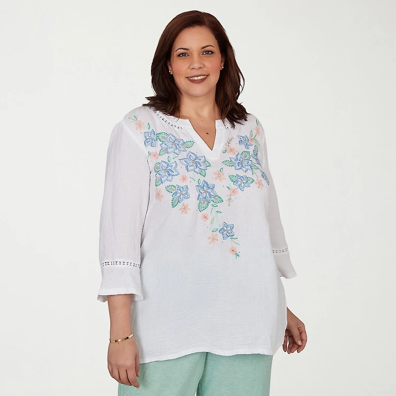 Alfred Dunner Caribbean Blues Womens Plus Split Crew Neck 3/4 Sleeve Blouse