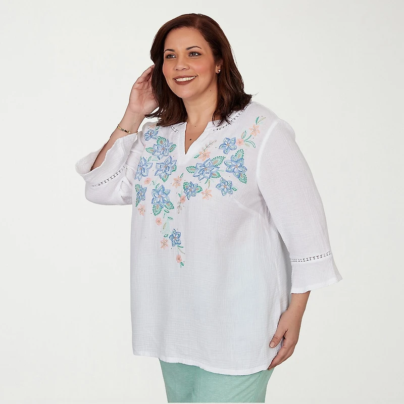 Alfred Dunner Caribbean Blues Womens Plus Split Crew Neck 3/4 Sleeve Blouse