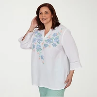 Alfred Dunner Caribbean Blues Womens Plus Split Crew Neck 3/4 Sleeve Blouse