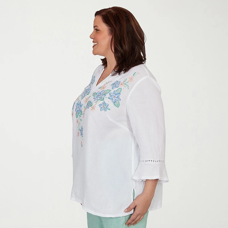 Alfred Dunner Caribbean Blues Womens Plus Split Crew Neck 3/4 Sleeve Blouse