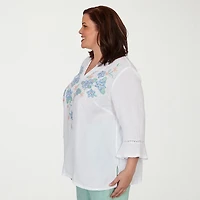 Alfred Dunner Caribbean Blues Womens Plus Split Crew Neck 3/4 Sleeve Blouse