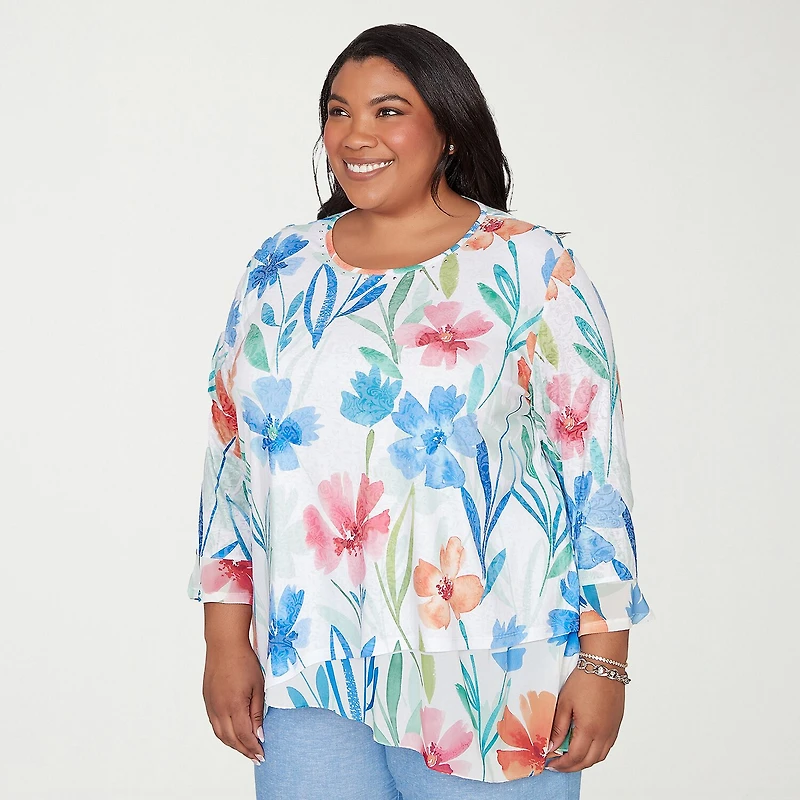 Alfred Dunner Caribbean Blues Womens Plus Crew Neck 3/4 Sleeve T-Shirt