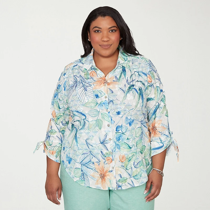 Alfred Dunner Caribbean Blues Womens Plus 3/4 Sleeve Blouse