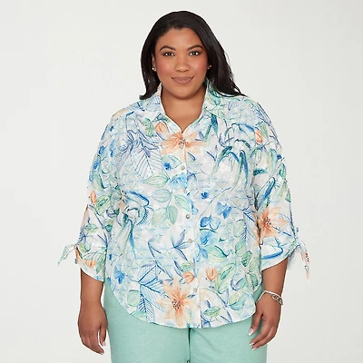 Alfred Dunner Caribbean Blues Womens Plus 3/4 Sleeve Blouse