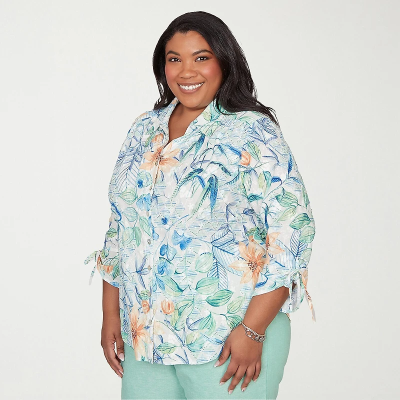 Alfred Dunner Caribbean Blues Womens Plus 3/4 Sleeve Blouse