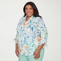Alfred Dunner Caribbean Blues Womens Plus 3/4 Sleeve Blouse