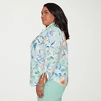 Alfred Dunner Caribbean Blues Womens Plus 3/4 Sleeve Blouse