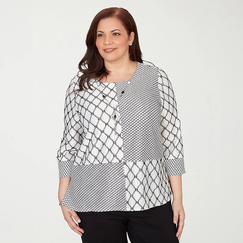 Alfred Dunner Crowd Pleaser Womens Plus Crew Neck 3/4 Sleeve T-Shirt