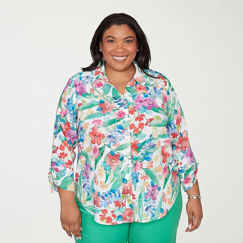 Alfred Dunner Resort Living Womens Plus Long Sleeve Blouse