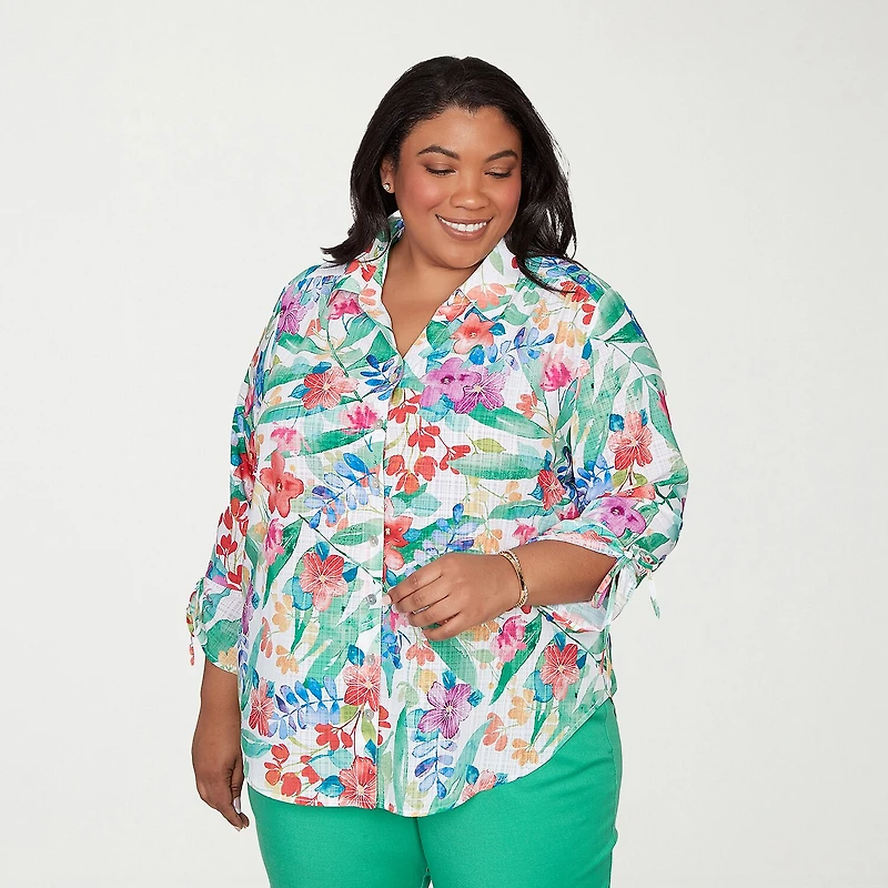 Alfred Dunner Resort Living Womens Plus Long Sleeve Blouse