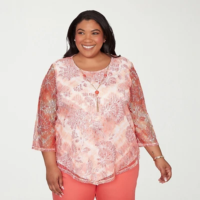Alfred Dunner Resort Living Womens Plus Crew Neck 3/4 Sleeve T-Shirt