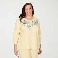 Alfred Dunner Out Of The Blue Womens Plus Round Neck 3/4 Sleeve T-Shirt