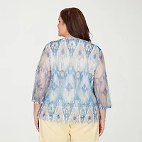 Alfred Dunner Out Of The Blue Womens Plus Crew Neck 3/4 Sleeve T-Shirt