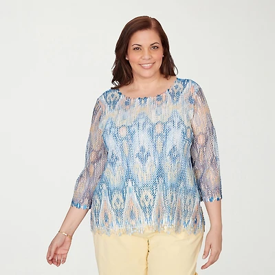 Alfred Dunner Out Of The Blue Womens Plus Crew Neck 3/4 Sleeve T-Shirt