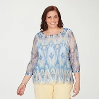 Alfred Dunner Out Of The Blue Womens Plus Crew Neck 3/4 Sleeve T-Shirt