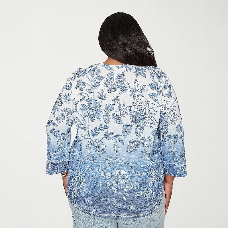Alfred Dunner Out Of The Blue Womens Plus V Neck 3/4 Sleeve Blouse