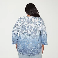 Alfred Dunner Out Of The Blue Womens Plus V Neck 3/4 Sleeve Blouse