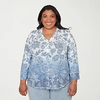 Alfred Dunner Out Of The Blue Womens Plus V Neck 3/4 Sleeve Blouse